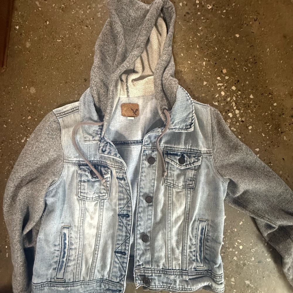 American Eagle Denim Jacket with Gray Hood and sleeves